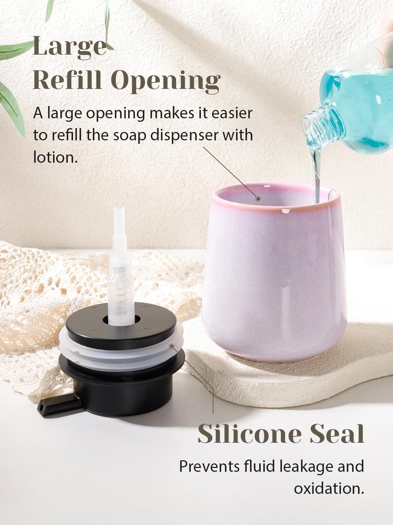 INGOFIN Ceramic Lotion Dispenser - 12 oz Hand Soap Dispenser Bathroom, Modern Liquid Dispenser with Pump, Refillable Dish Soap Bottle for Kitchen -Purple and Pink - Image 3